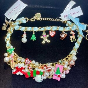 Betsey Johnson Faux Pearls Teddy Bear Snowman Christmas Necklace & Bracelet Set